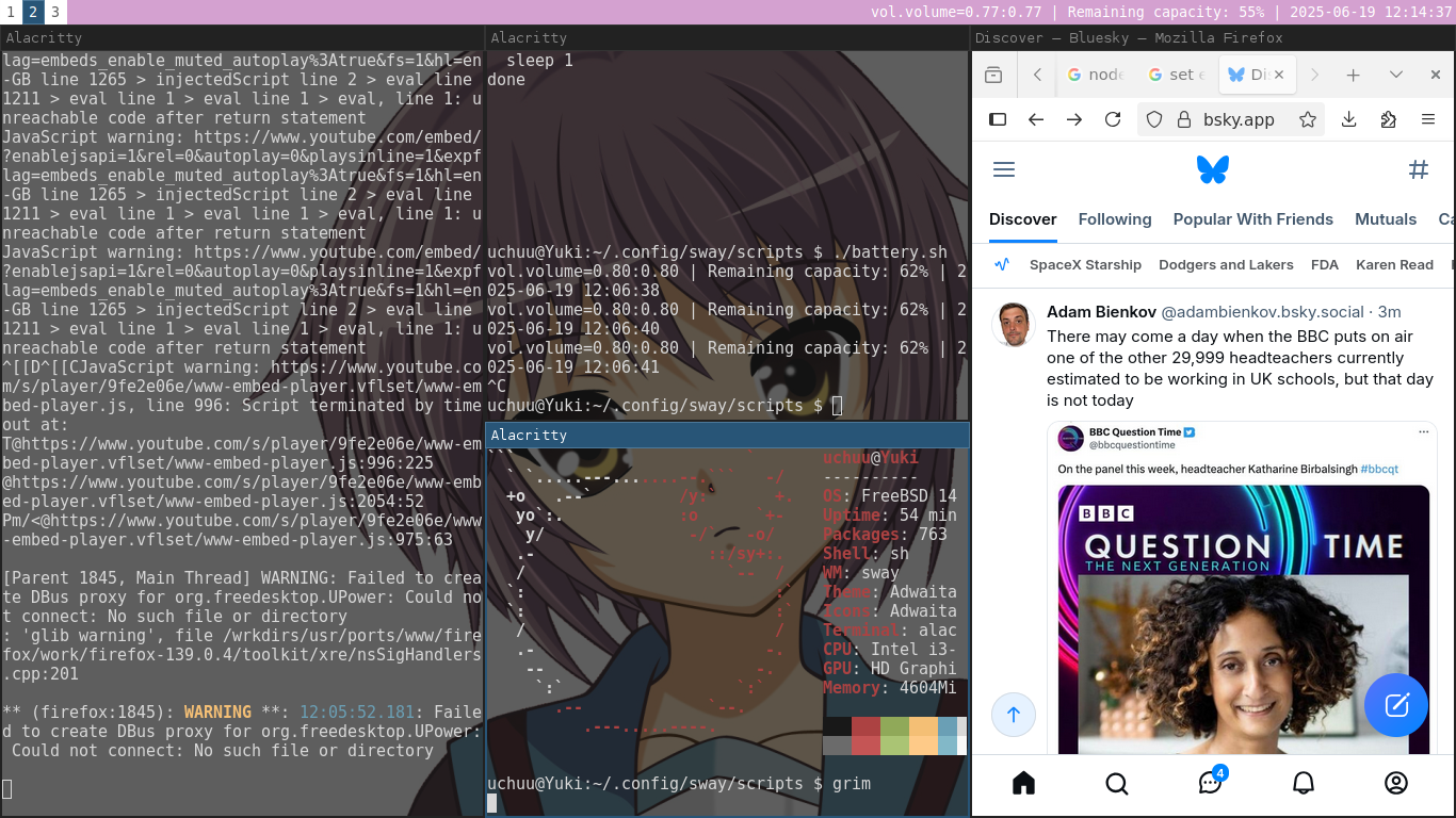 A riced out sway desktop showing alacritty terminal with Yuki from Melancholy of Haruhi Suzumiya in the background